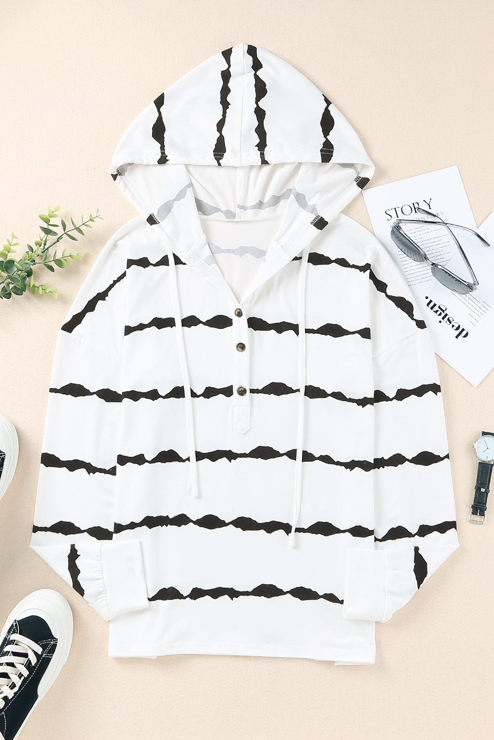 Black Striped Drawstring Button Long Sleeve Hoodie