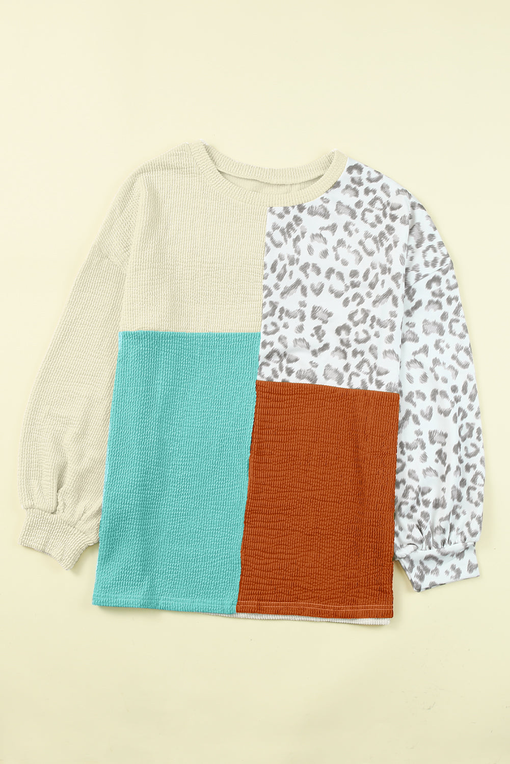 Khaki Leopard Patchwork Color Block Ribbed Long Sleeve Top