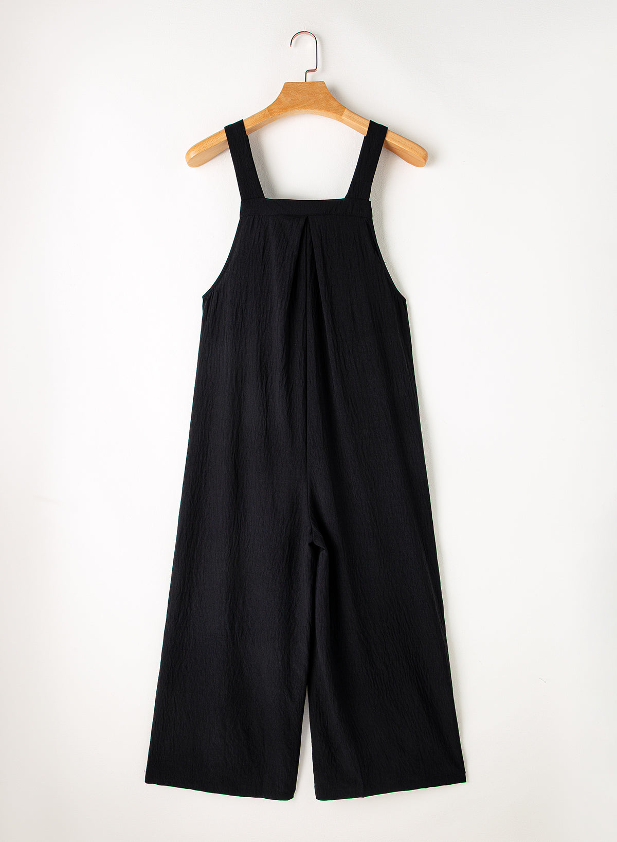 Black Buttoned Straps Crinkled Wide Leg Pocketed Overalls