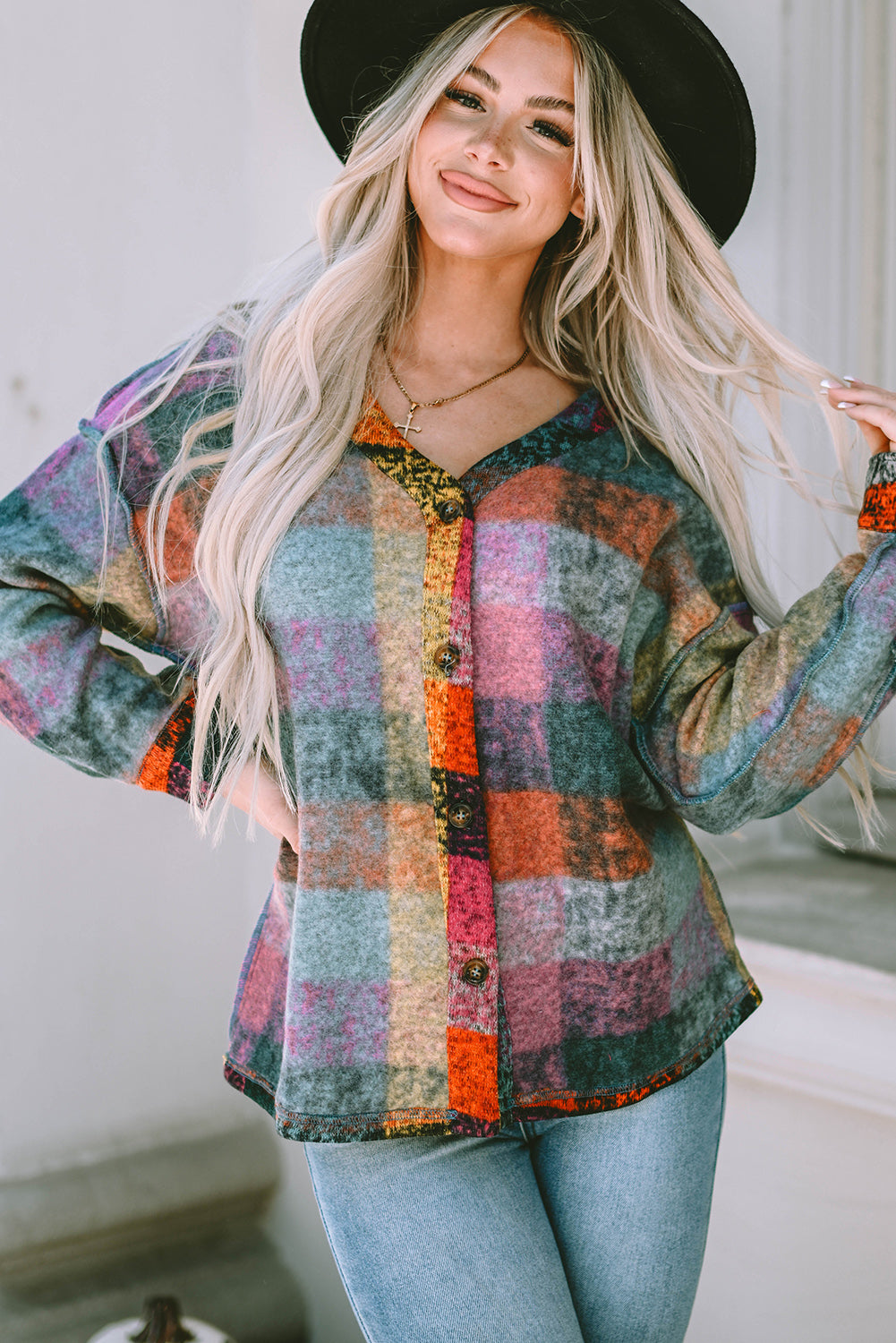 Multicolor Brushed Plaid Plus Size Shacket