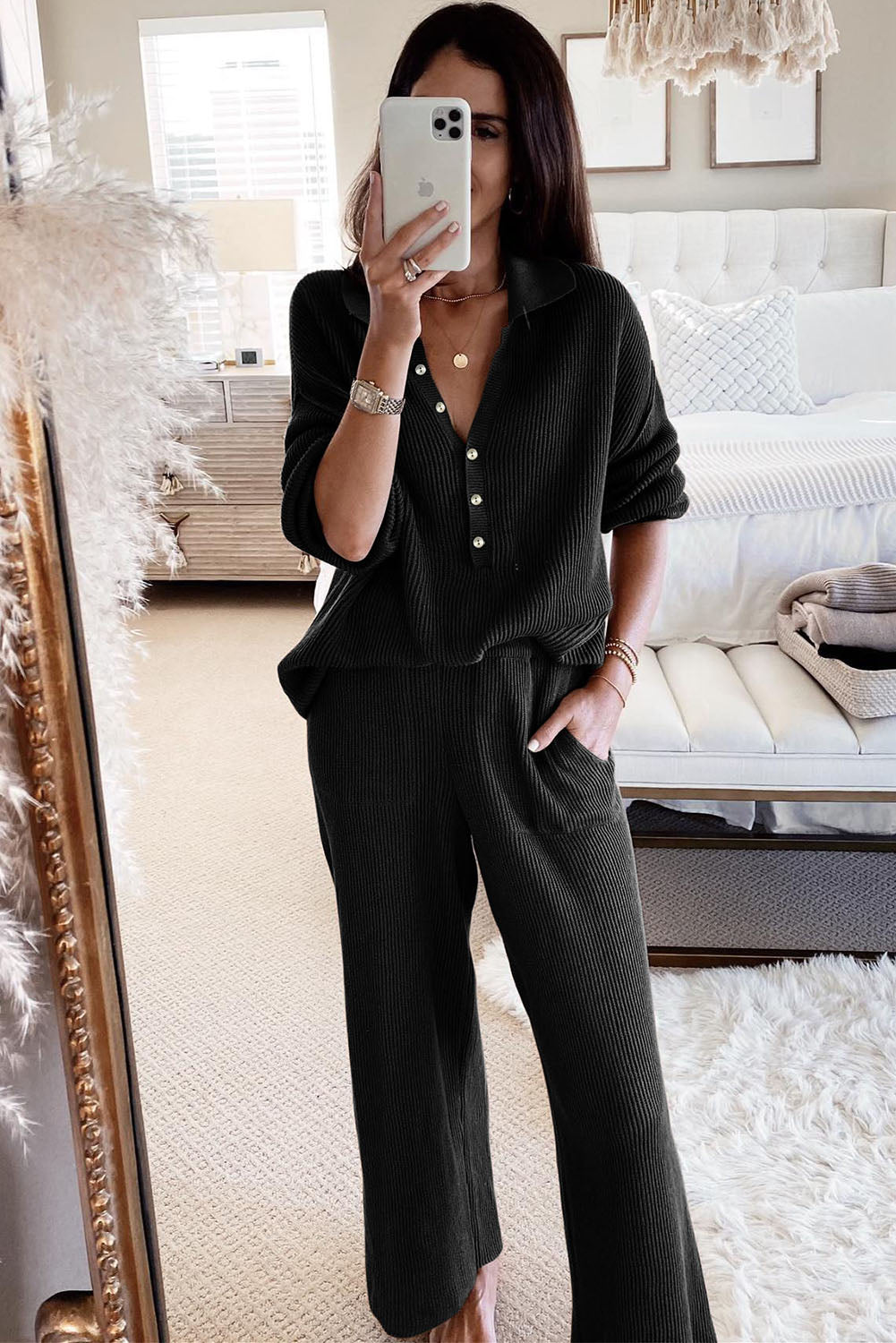Black Ribbed Knit Collared Henley Top and Pants Lounge Outfit