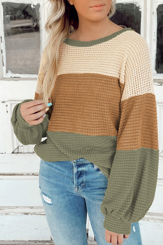 Green Stripe Textured Color Block Bubble Sleeve Baggy Top