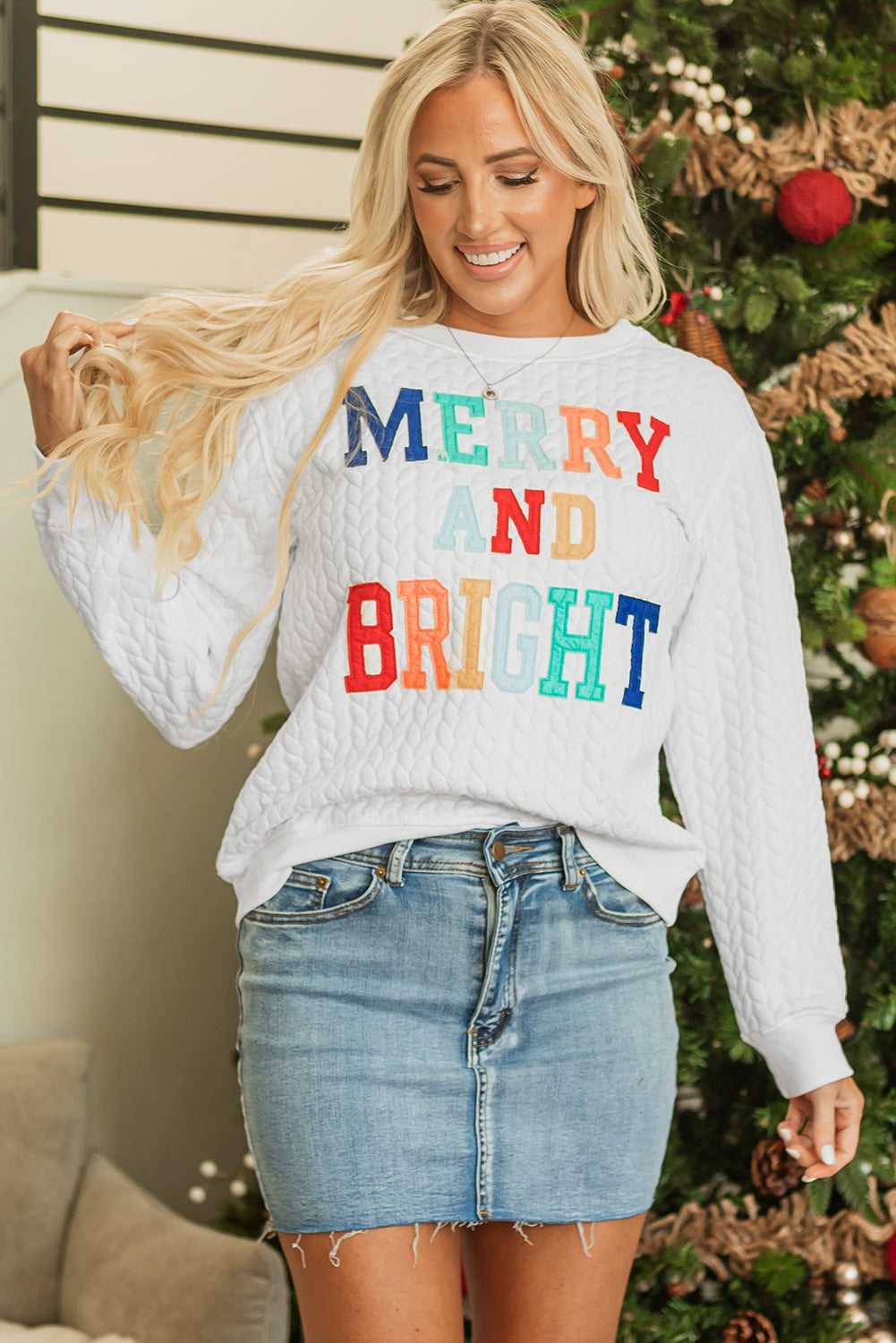 White LUCKY Chenille Embroidered Cable Knit Pullover Sweatshirt