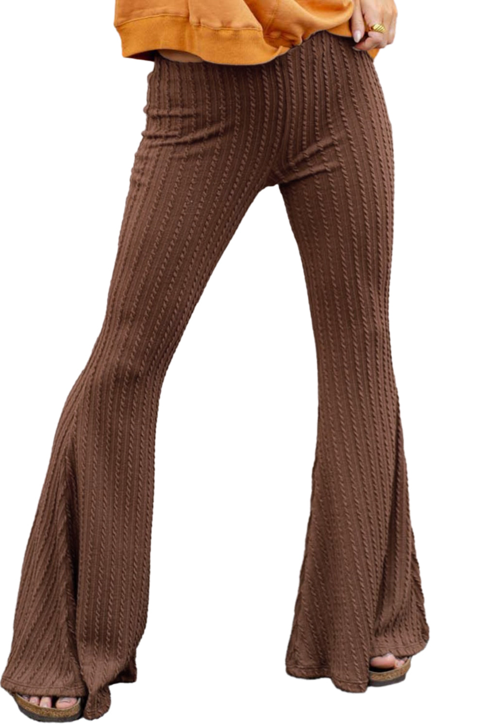 Coffee Textured Knit Mid Waist Flare Pants