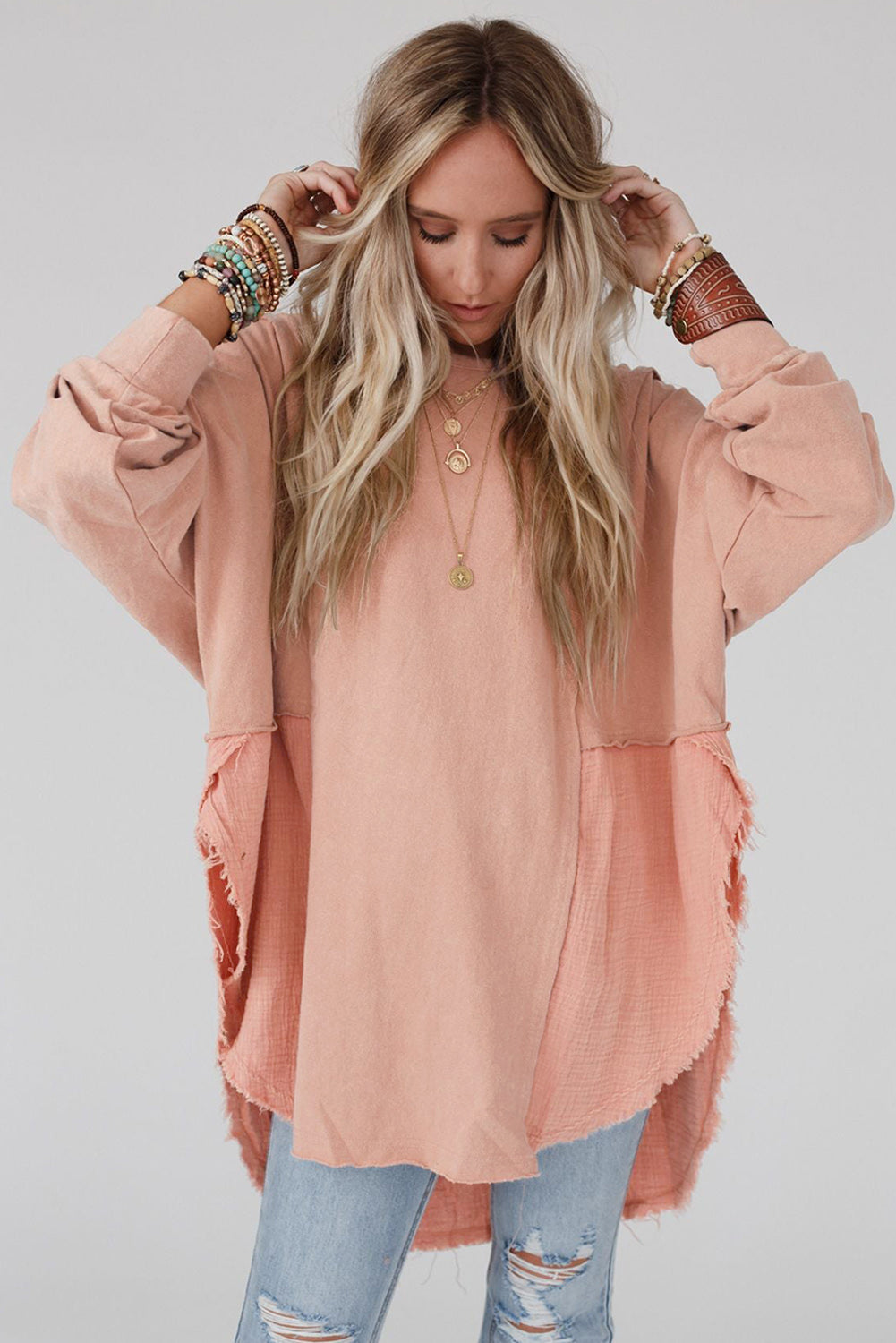 Pink Raw Edge Leopard Patchwork Oversized Blouse