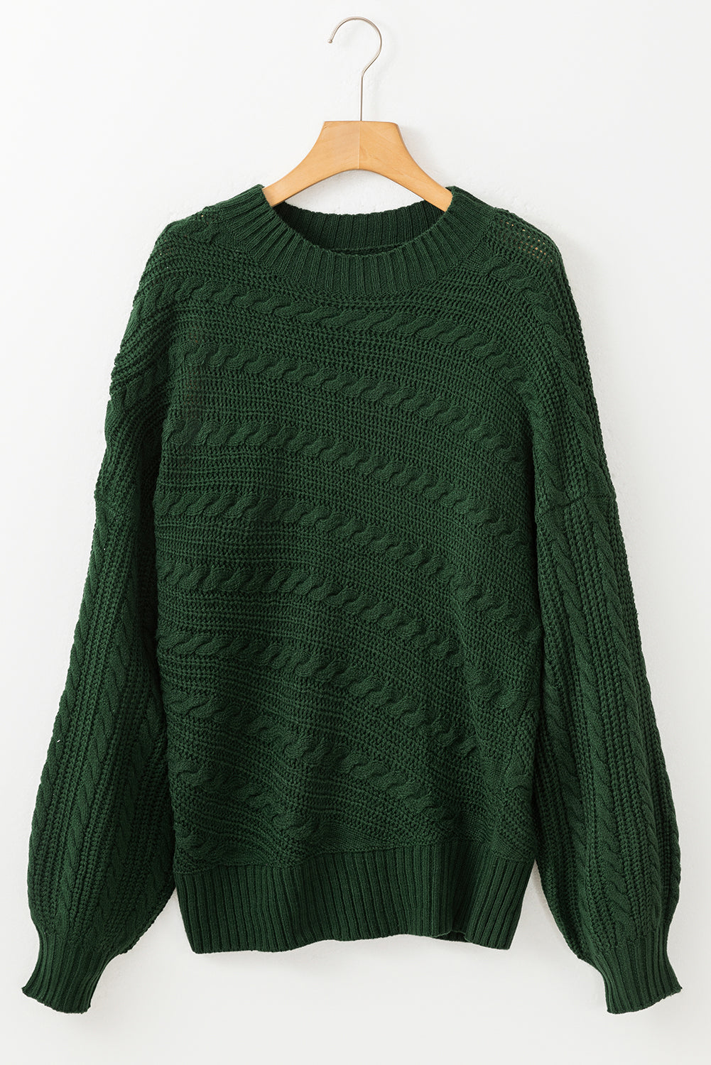 Blackish Green Mock Neck Lantern Sleeve Cable Knit Sweater