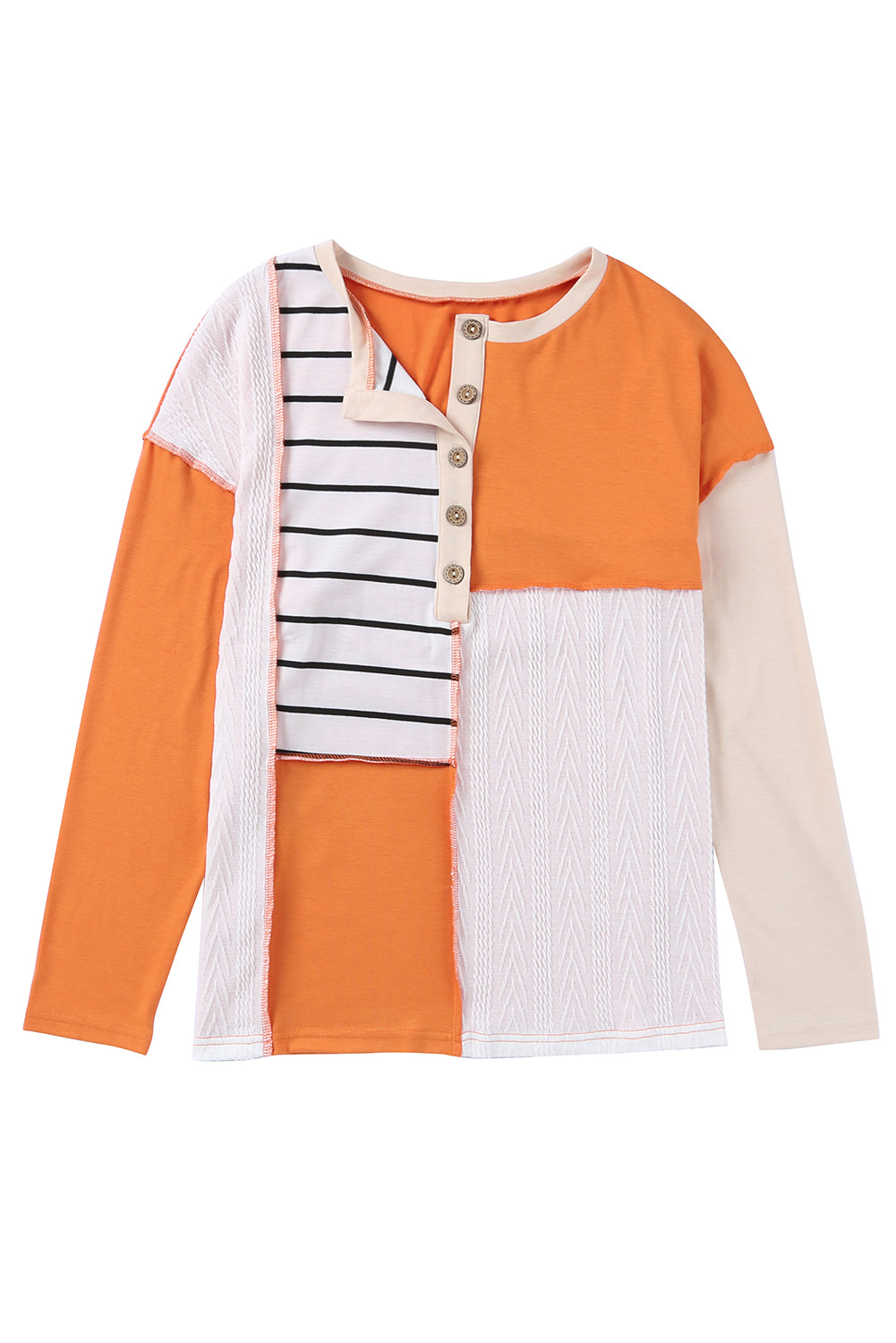 Orange Stripe Color Block Splicing Long Sleeve Henley Top