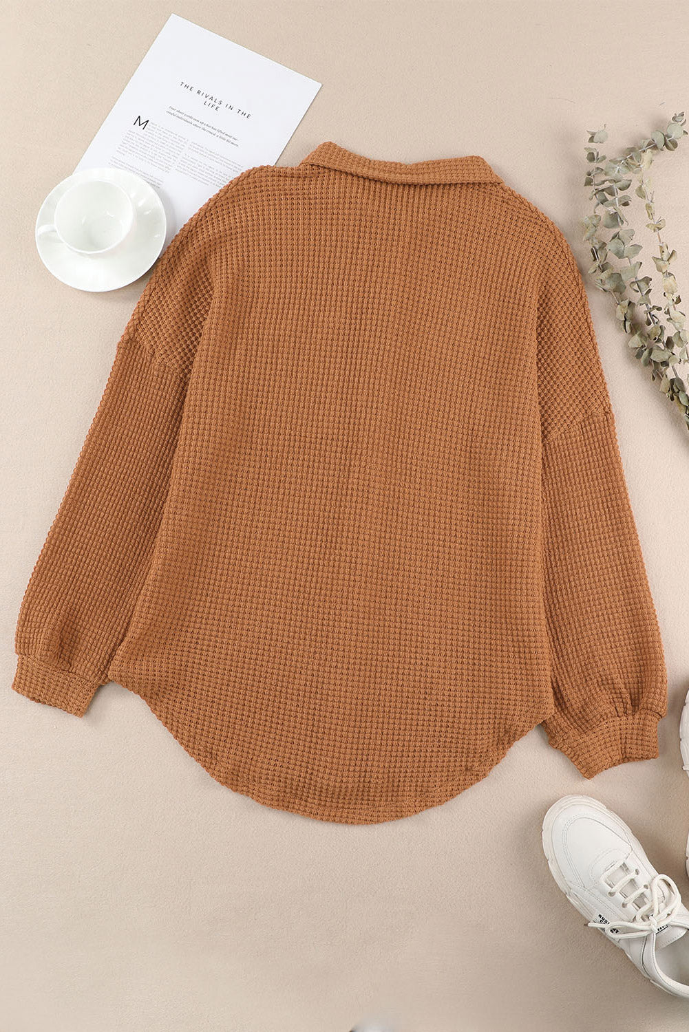 Brown Waffle Knit Button Up Casual Shirt