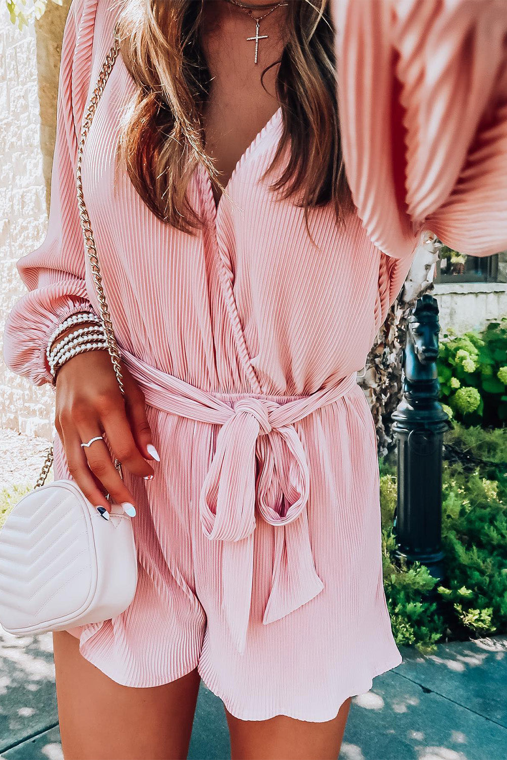 Pink Ripped Surplice V Neck Bubble Sleeve Romper