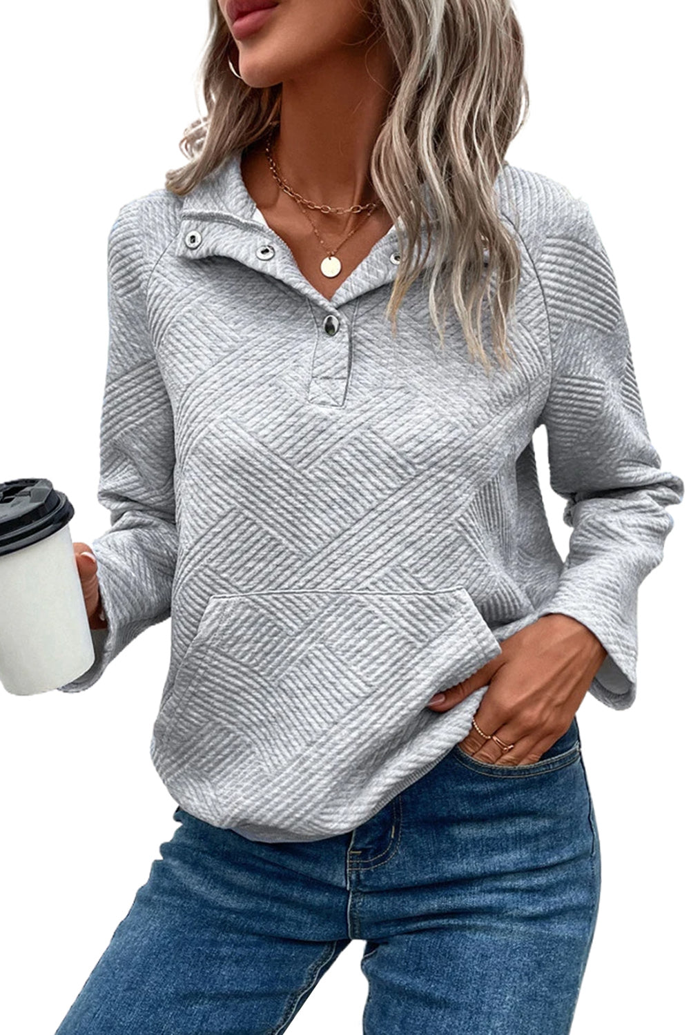 Gray Textured Contrast Splicing Raglan Sleeve Top