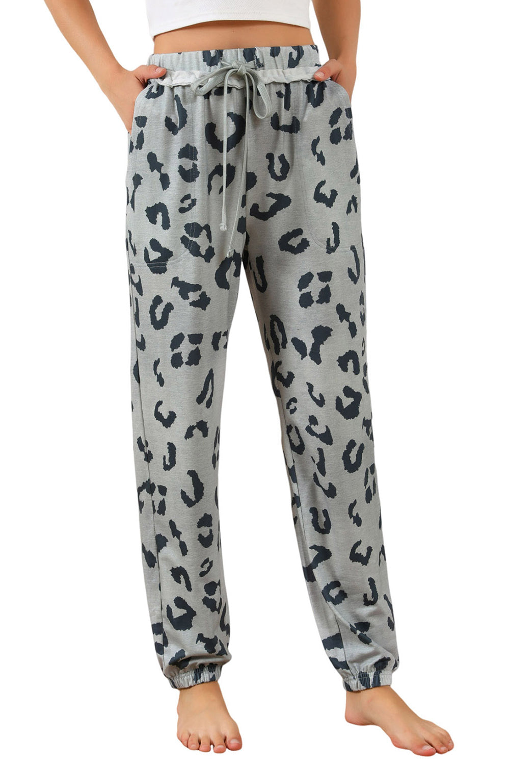 Gray Leopard Print Drawstring High Waist Jogger Pants