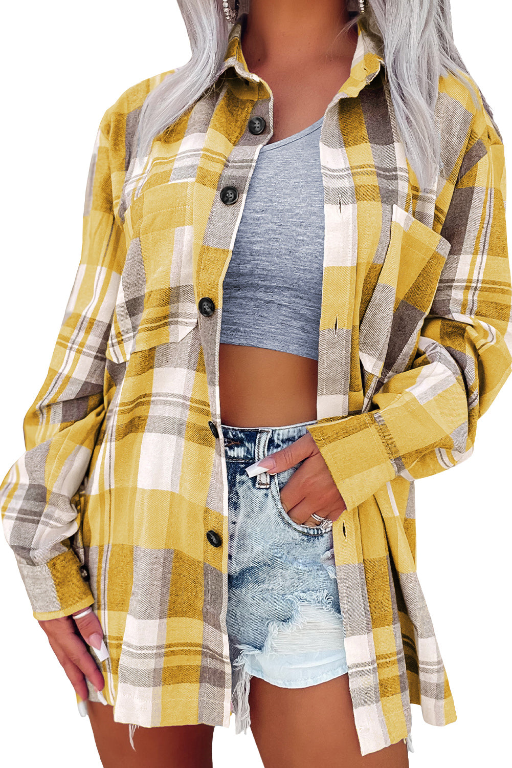 Green Printed Plus Size Chest Pocket Plaid Shirt