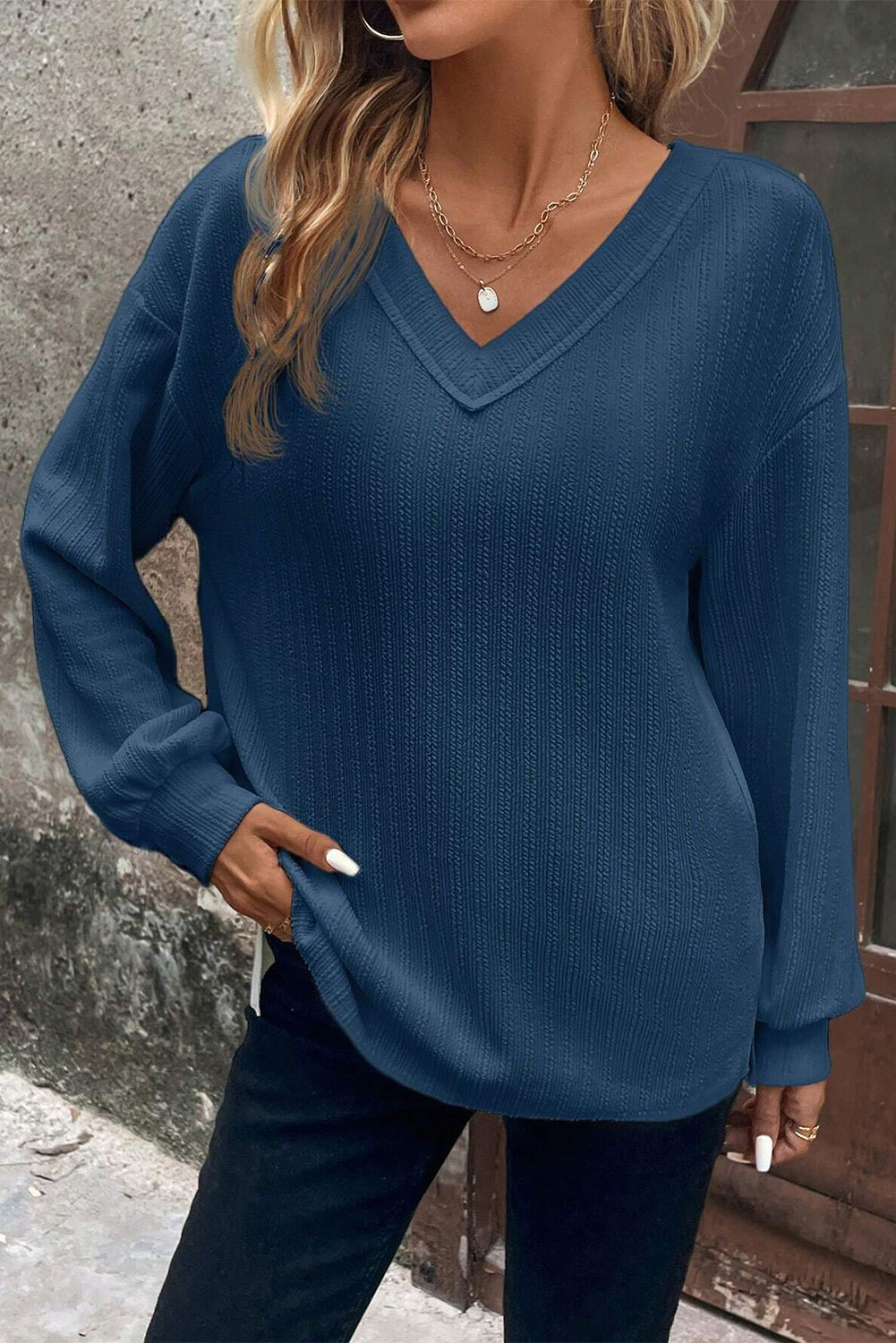 Real Teal V Neck Textured Long Sleeve Top