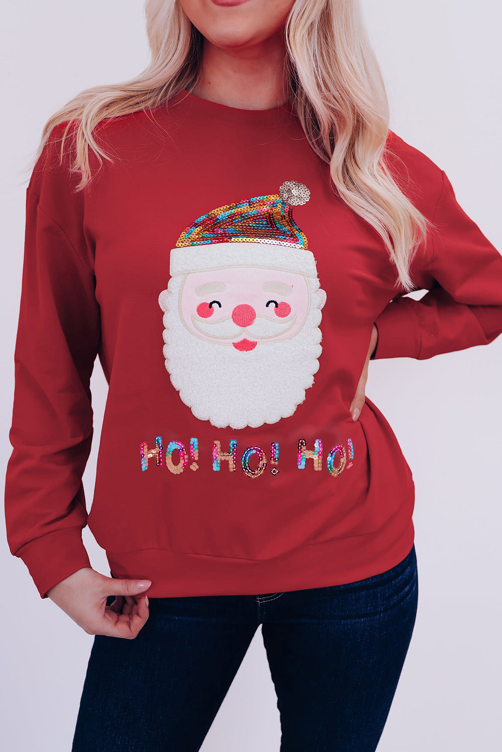 Red Christmas Santa Claus Print Drop Shoulder Sweatshirt