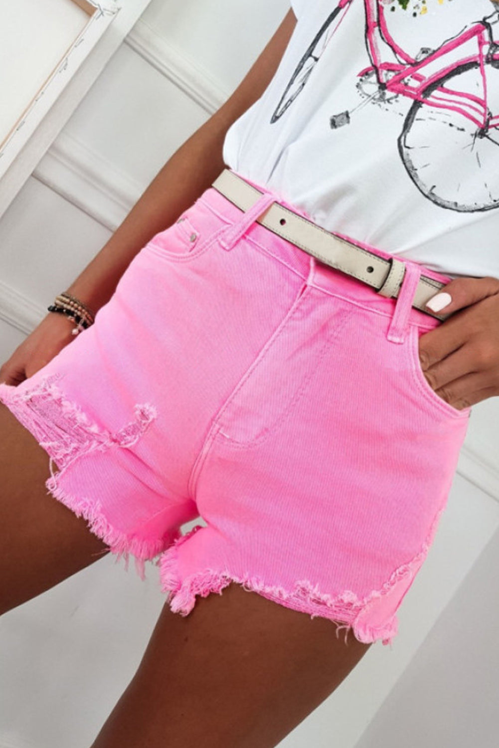 White Solid Color Distressed Denim Shorts