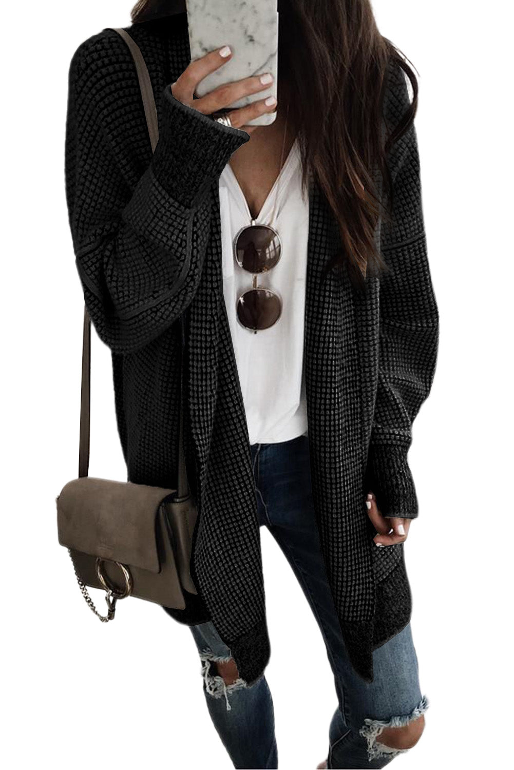 Gray Plaid Knitted Long Open Front Cardigan