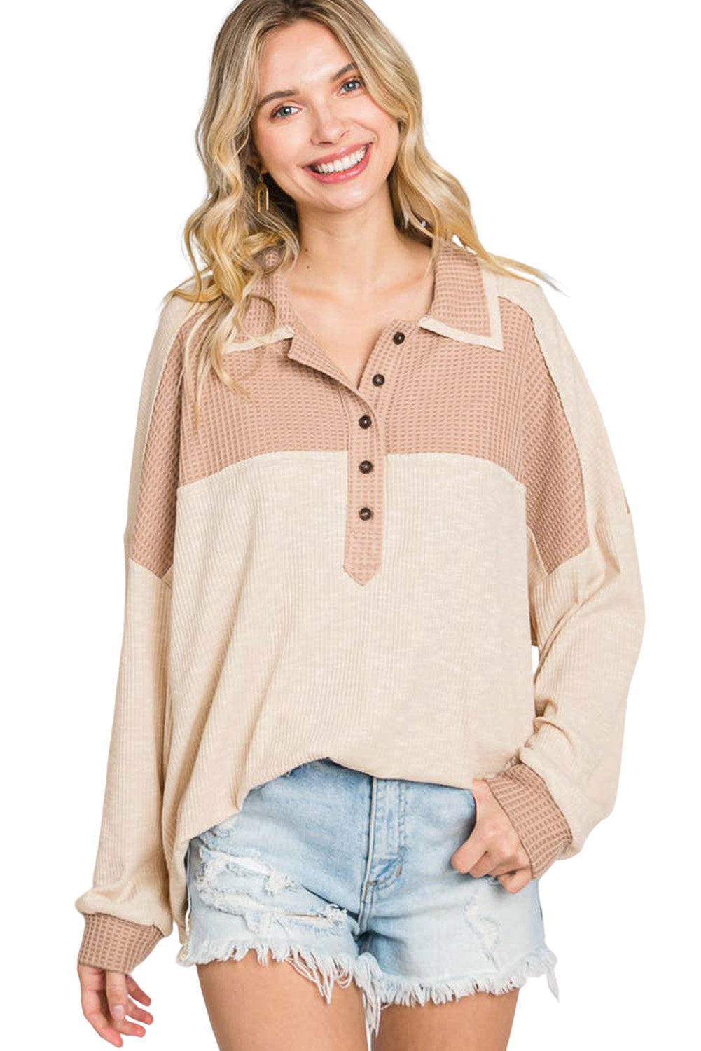Apricot Oversized Knit Top With Waffle Contrast