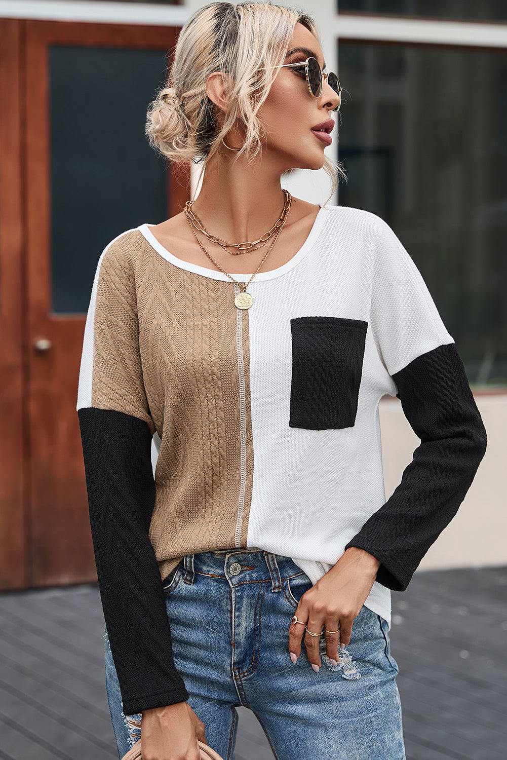 Orange Long Sleeve Colorblock Chest Pocket Textured Knit Top