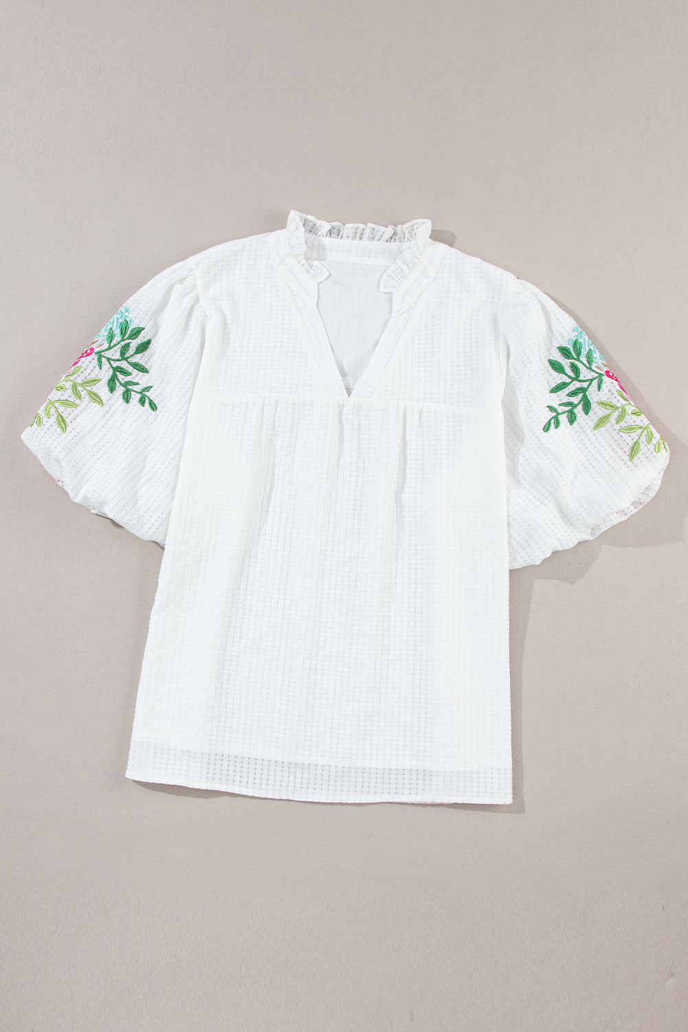 White Floral Embroidered Puff Sleeve Notched Neck Blouse