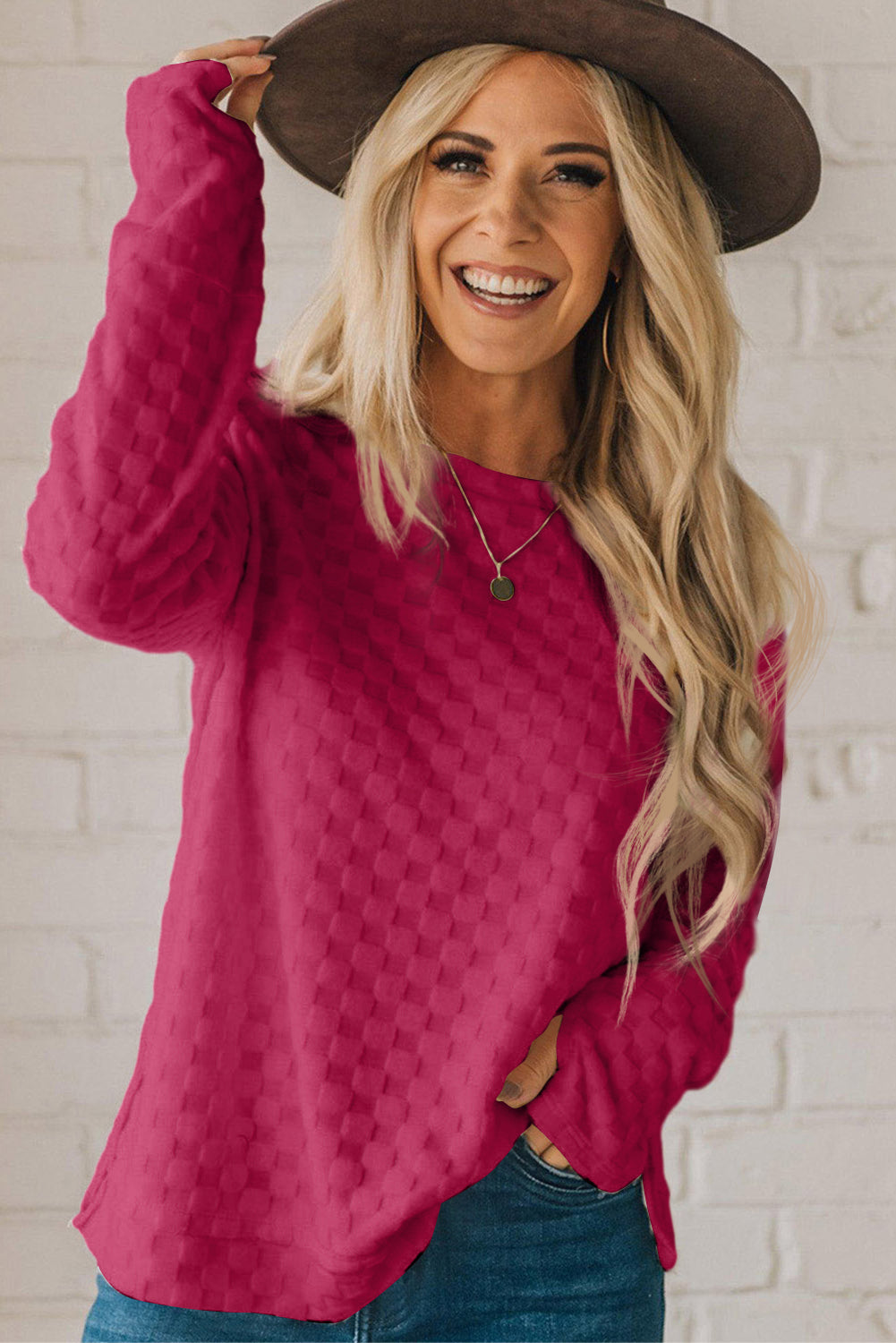 Rose Red Solid Textured Thumbhole Sleeve Top