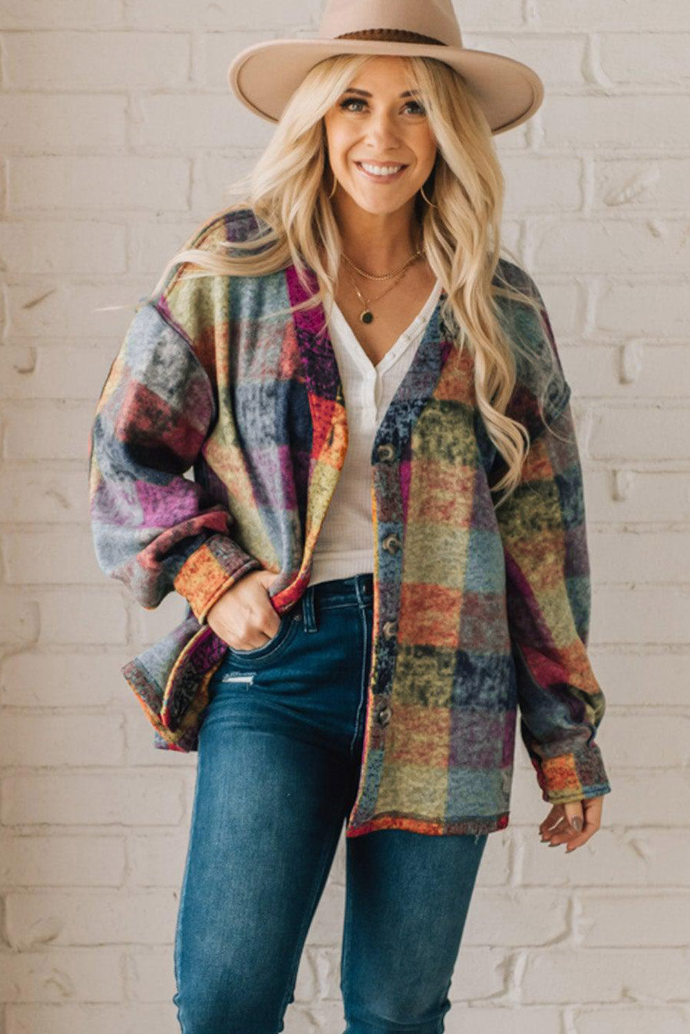 Multicolor Brushed Plaid Plus Size Shacket