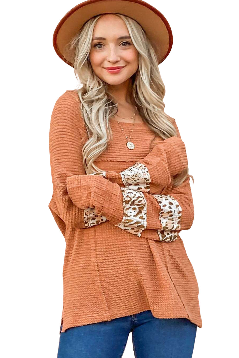 Apricot Leopard Splicing Exposed Seam Waffle Knit Top