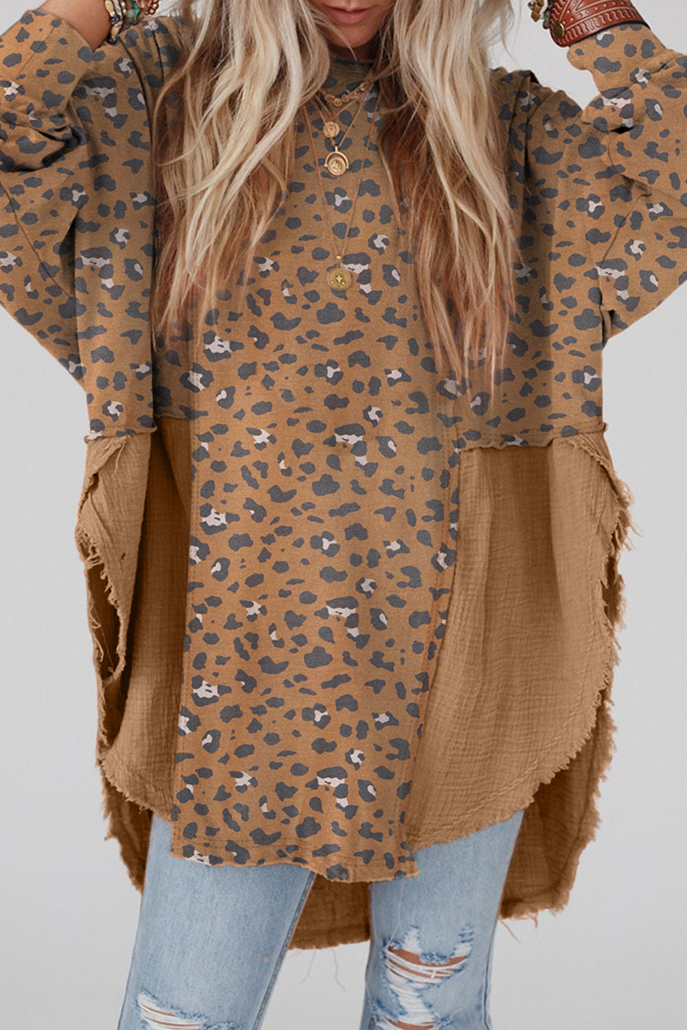 Pink Raw Edge Leopard Patchwork Oversized Blouse