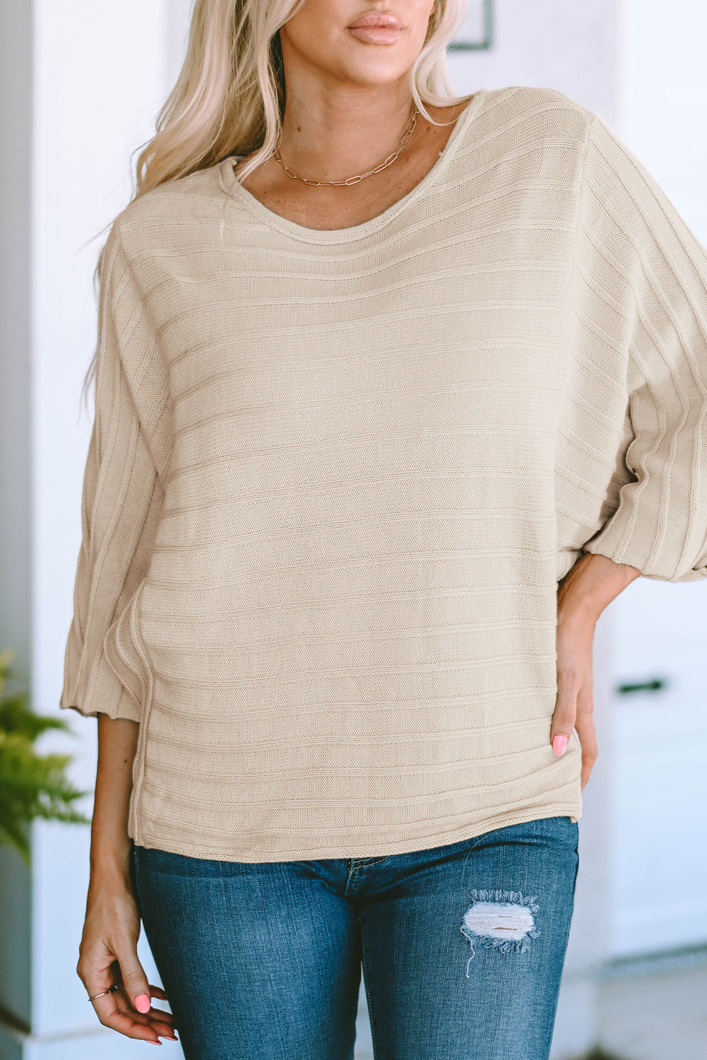 Gray Exposed Seam Ribbed Knit Dolman Top