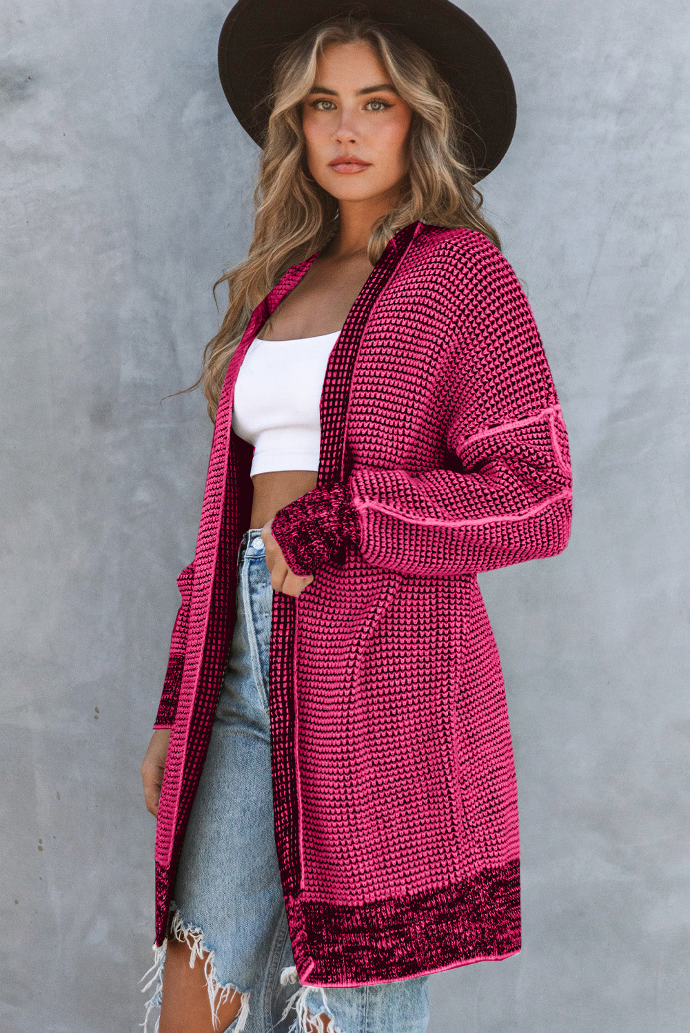 Pink Plaid Knitted Long Open Front Cardigan