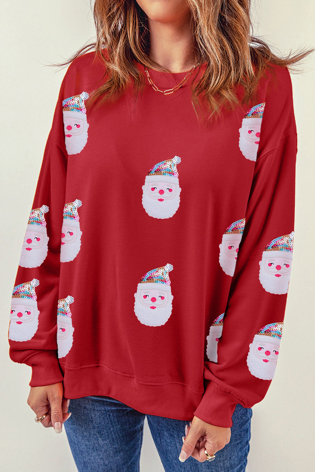 Red Christmas Santa Claus Print Drop Shoulder Sweatshirt