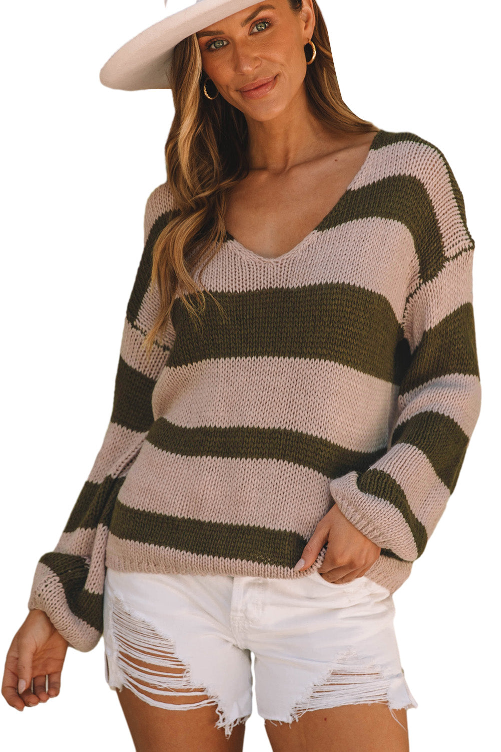 Green Striped Colorblock Knit V Neck Loose Fit Sweater