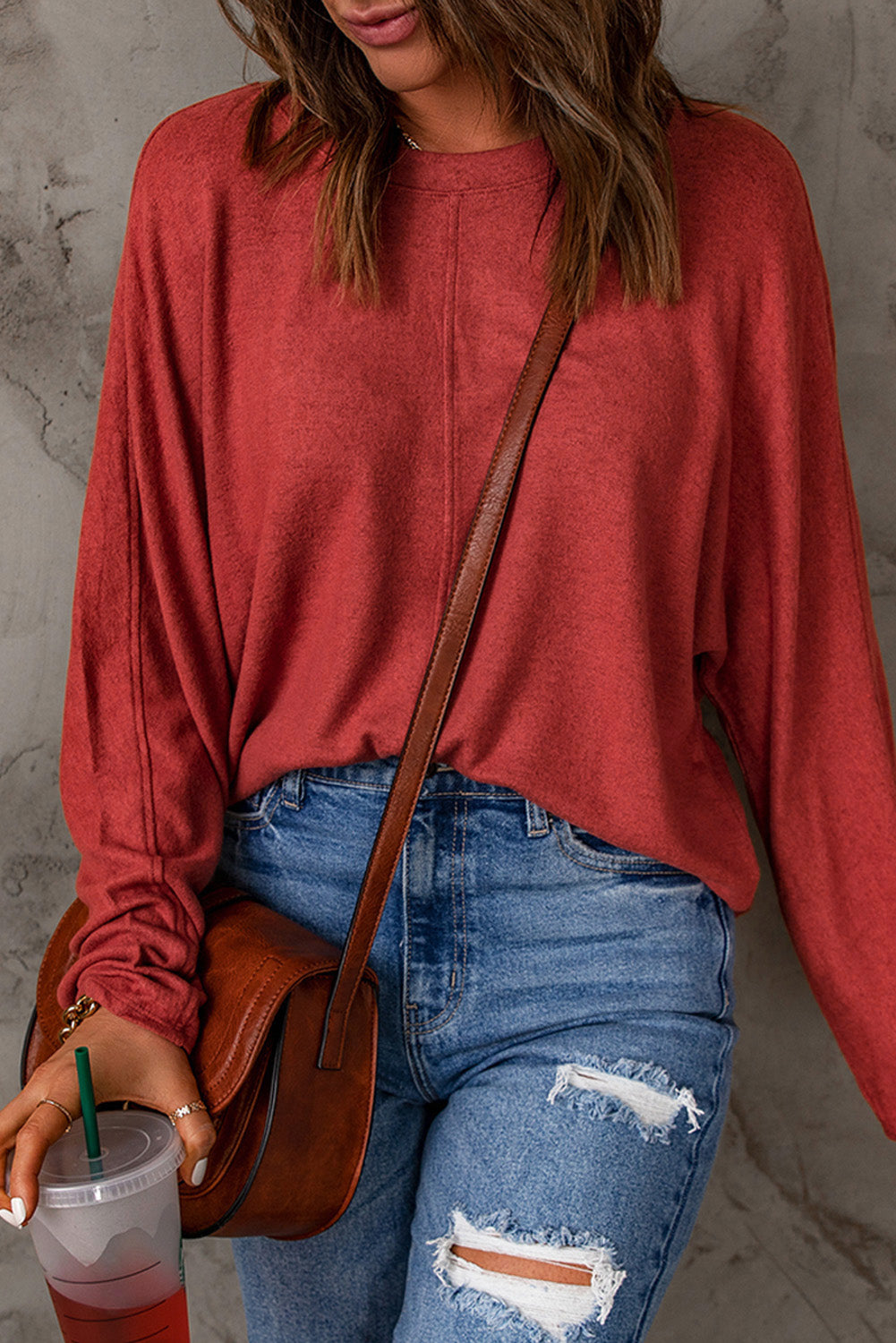 Red Sandalwood V Neck Center Seam Long Sleeve Tee