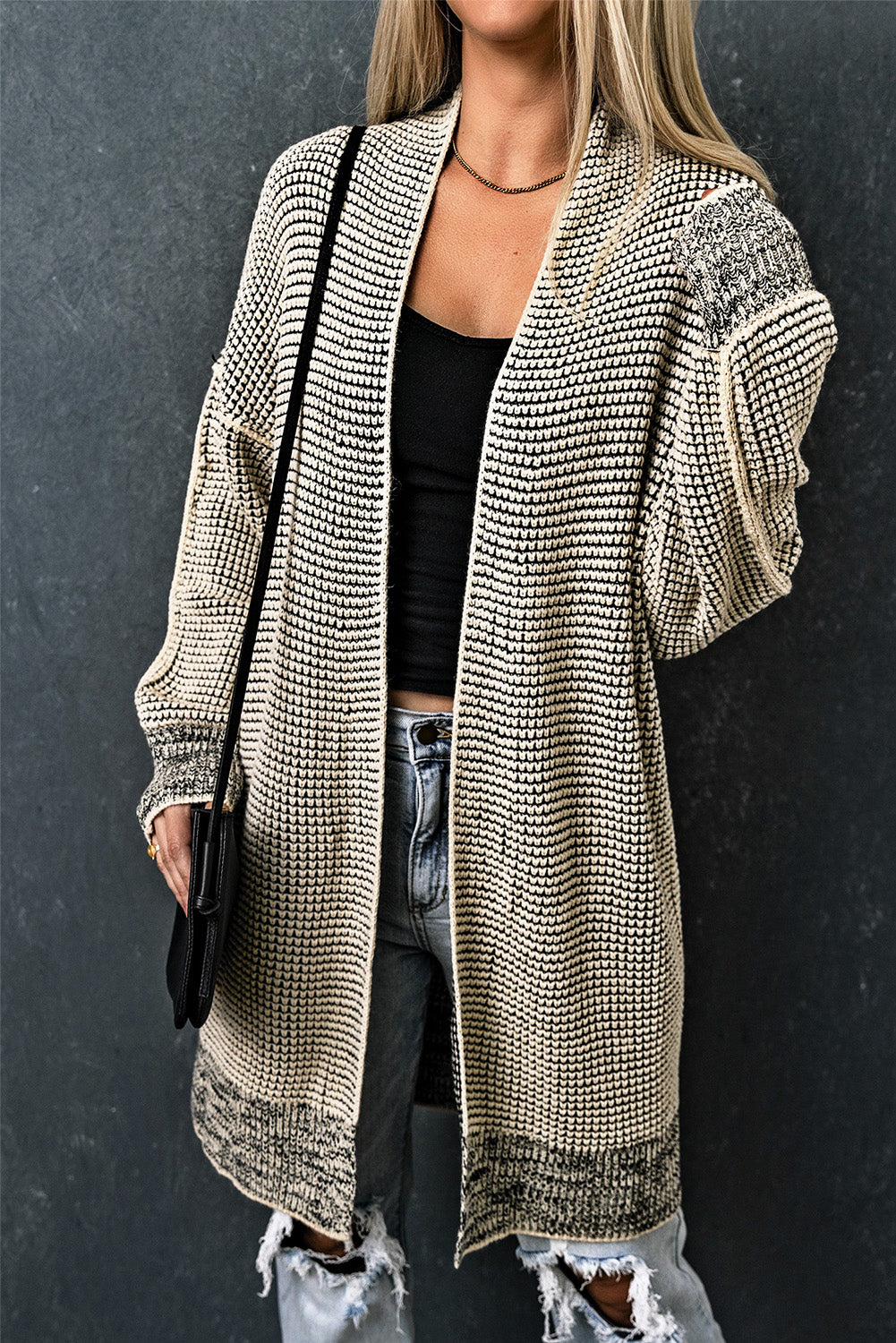 Gray Plaid Knitted Long Open Front Cardigan