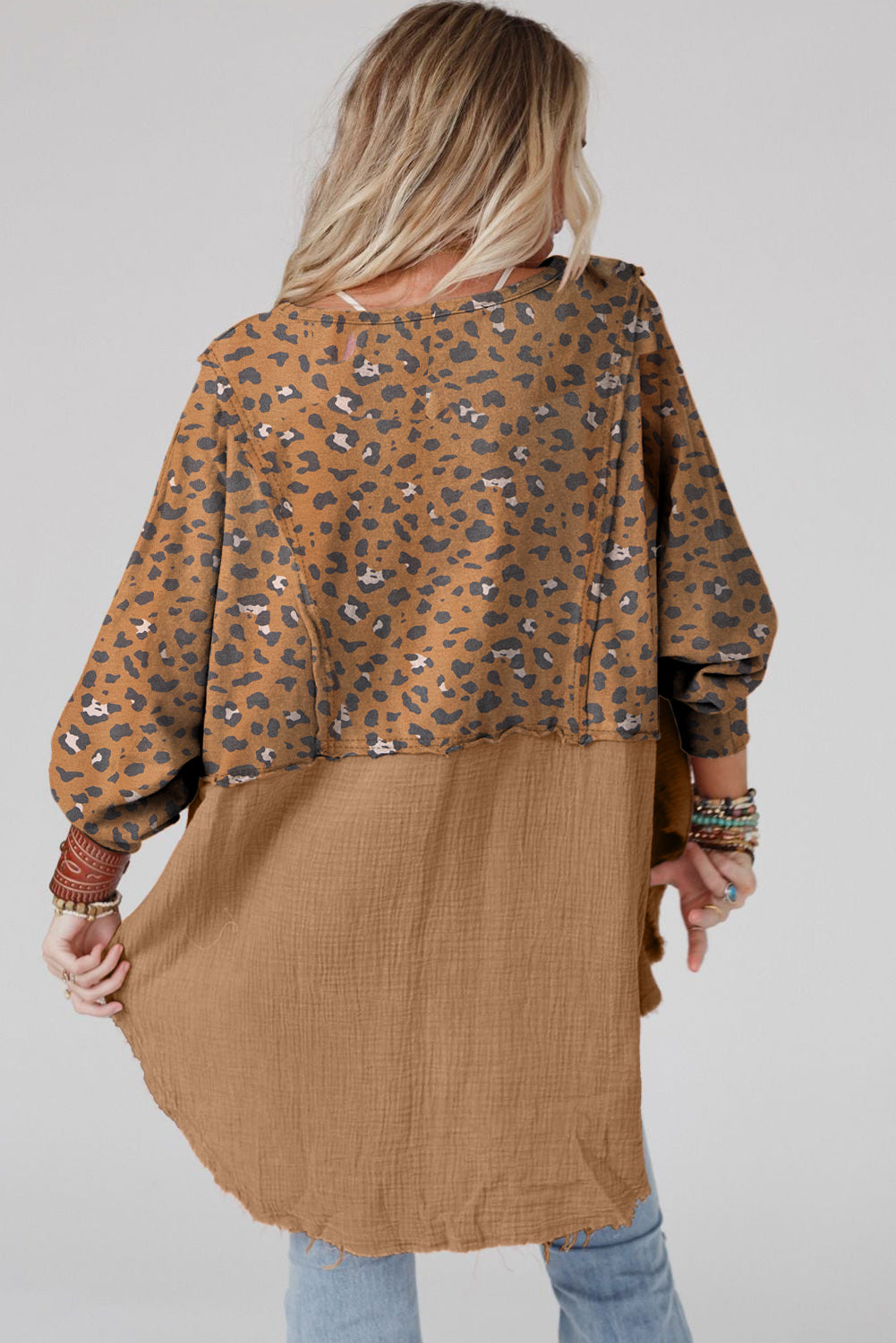 Pink Raw Edge Leopard Patchwork Oversized Blouse