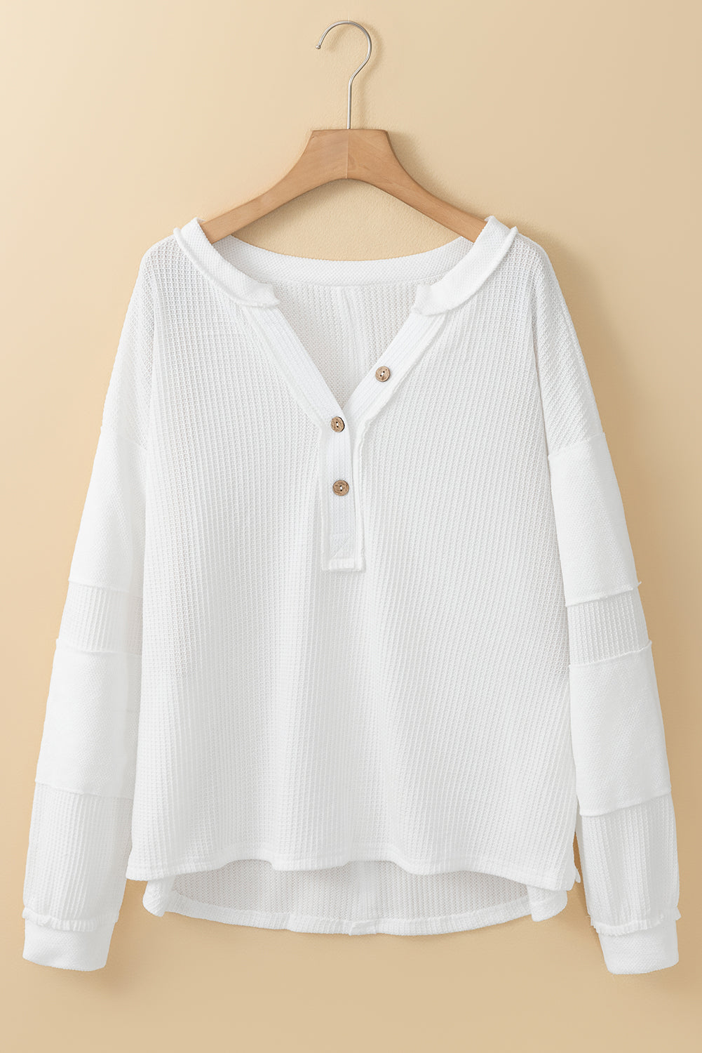 Bright White Contrast Patched Exposed Seam Waffle Knit Henley Top