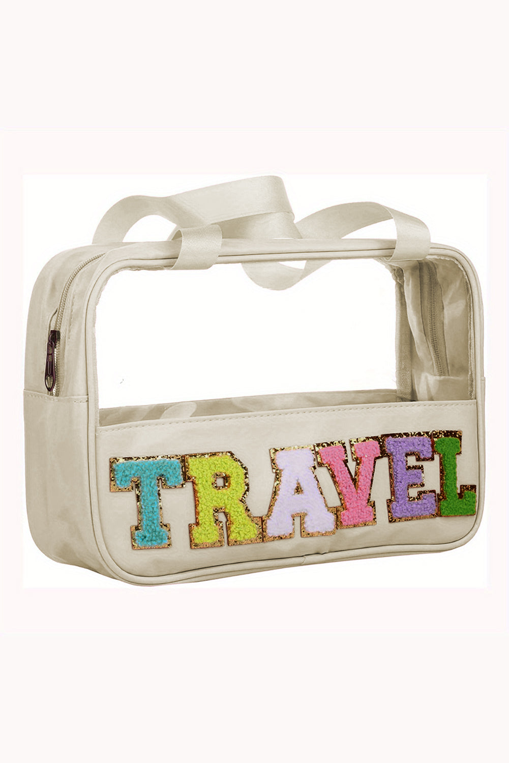 Purple TRAVEL Chenille Letter Clear PVC Makeup Bag