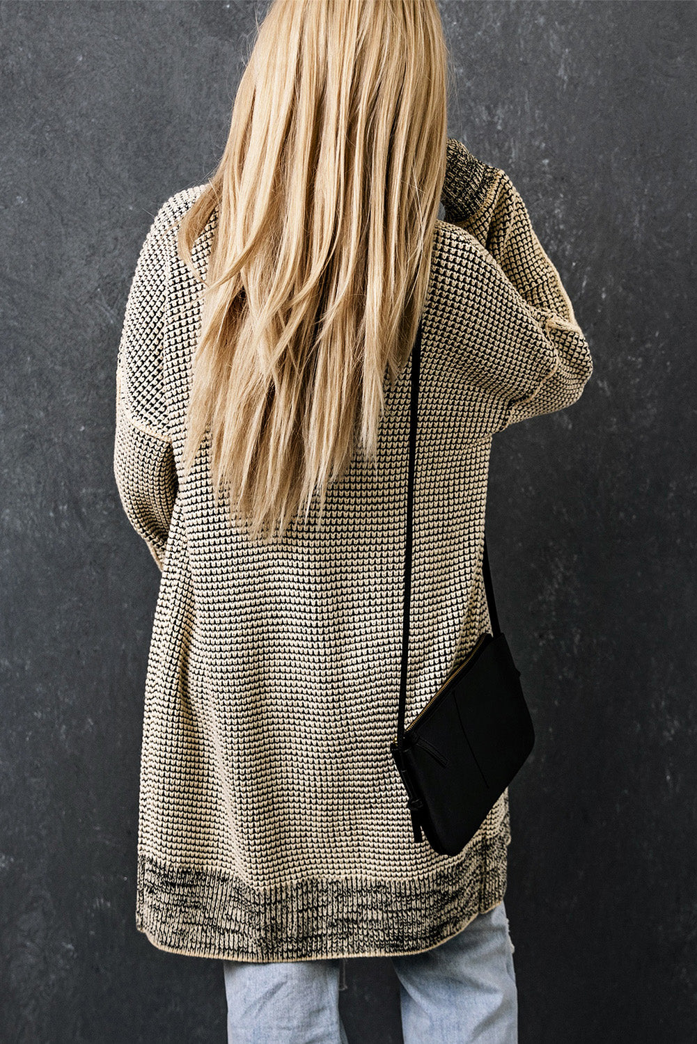 Gray Plaid Knitted Long Open Front Cardigan