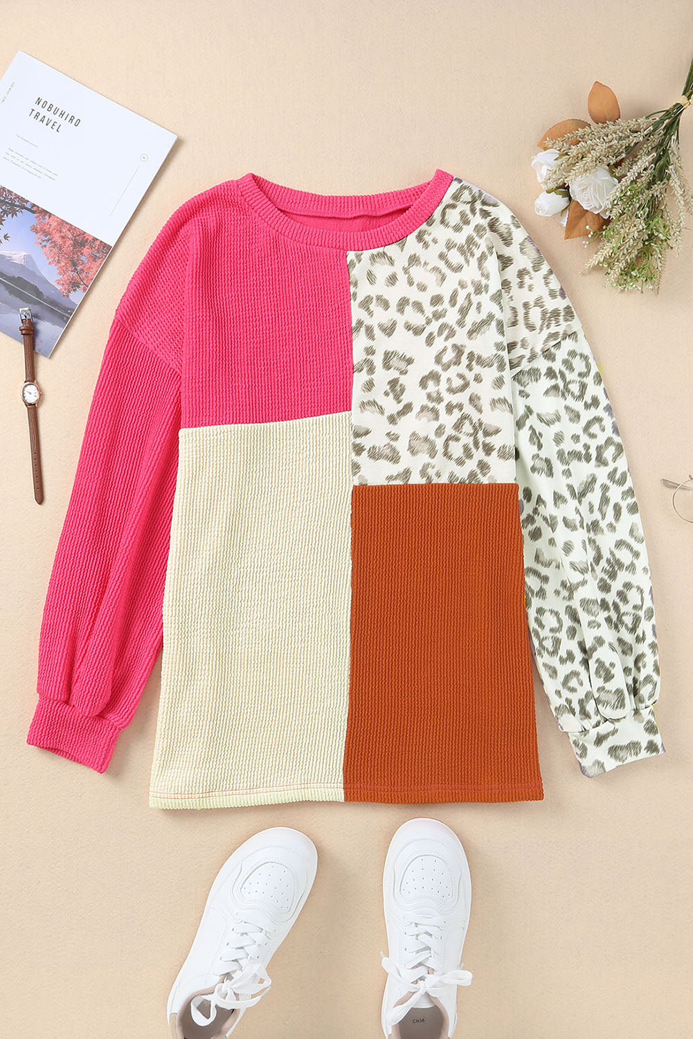 Khaki Leopard Patchwork Color Block Ribbed Long Sleeve Top