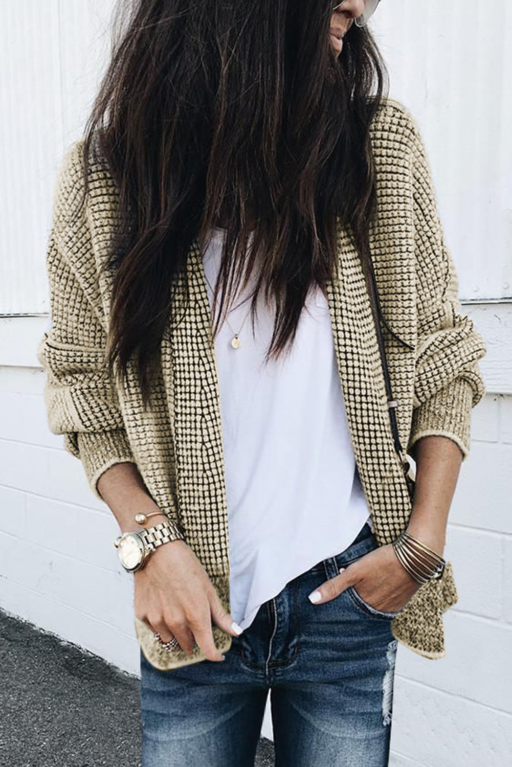 Gray Plaid Knitted Long Open Front Cardigan