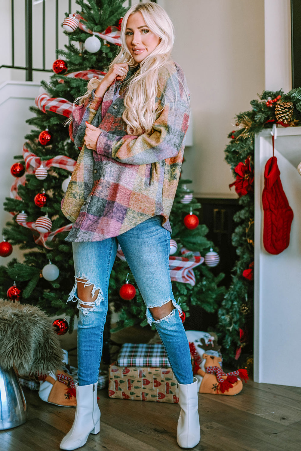 Multicolor Brushed Plaid Plus Size Shacket