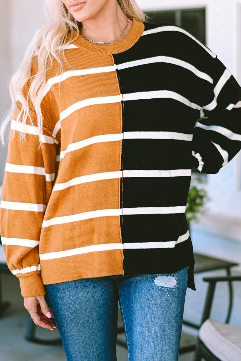 Plus Size Colorblock Striped Patchwork Loose Sweater