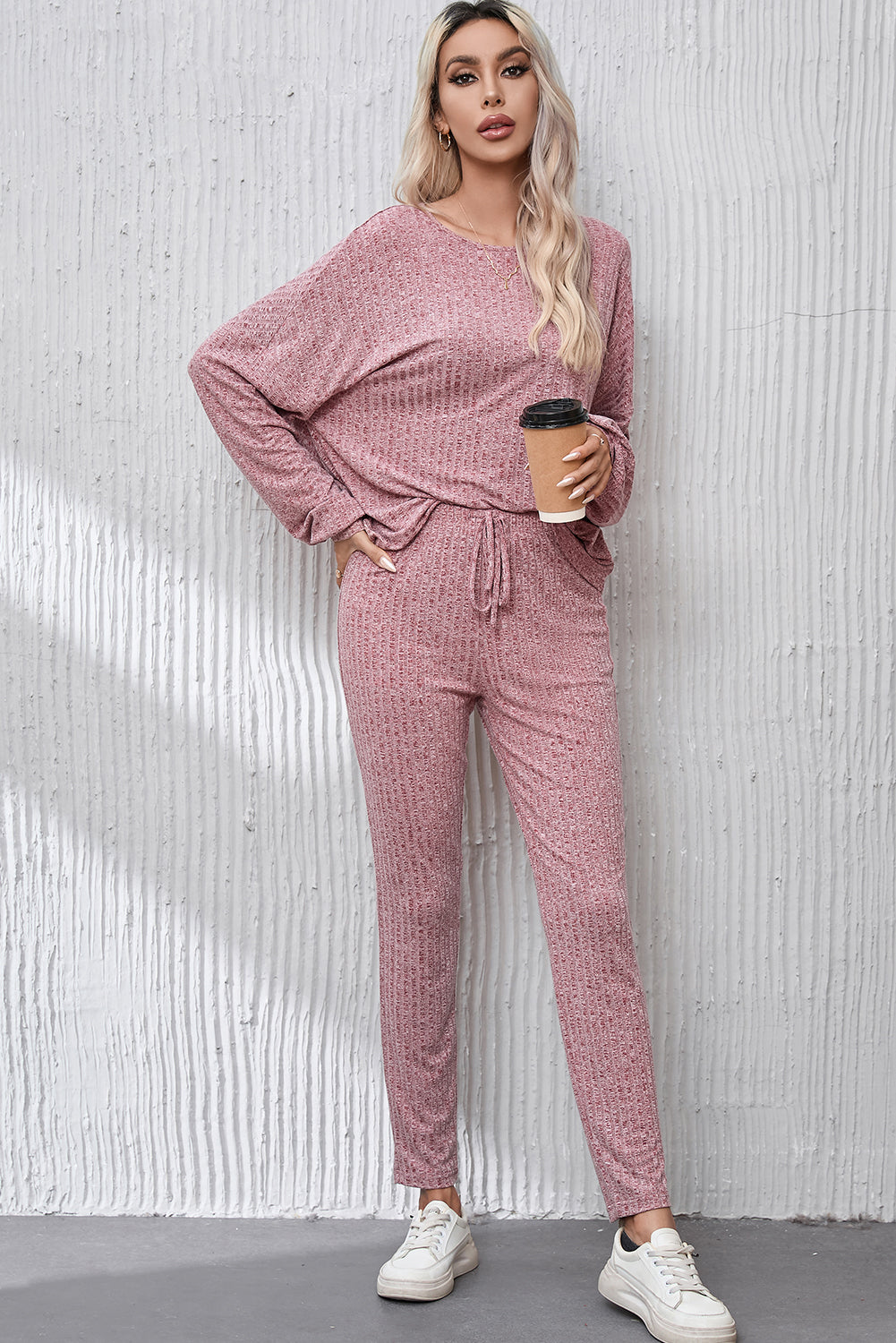 Peach Blossom Ribbed Drop Shoulder Top and Knot Waist Leggings Set