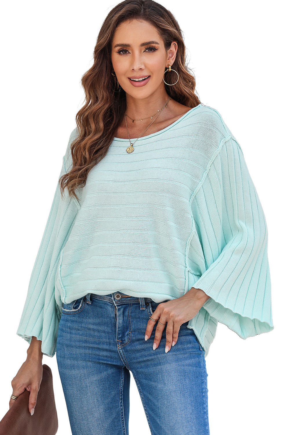 Gray Exposed Seam Ribbed Knit Dolman Top