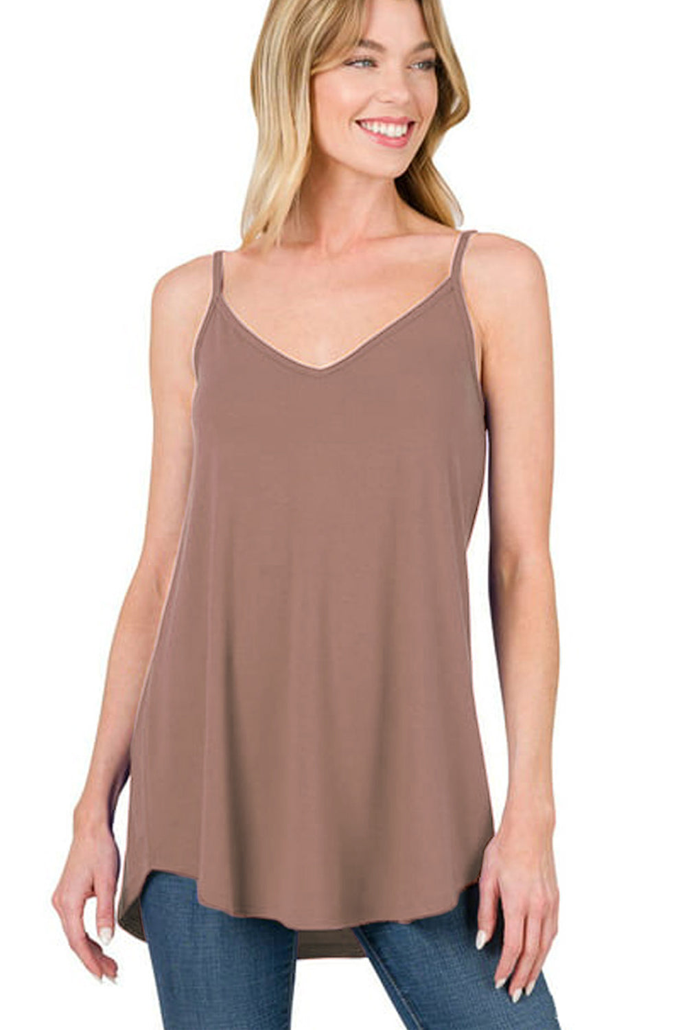 Clay Spaghetti Strap V-Neck Flowy Tunic Tank Top