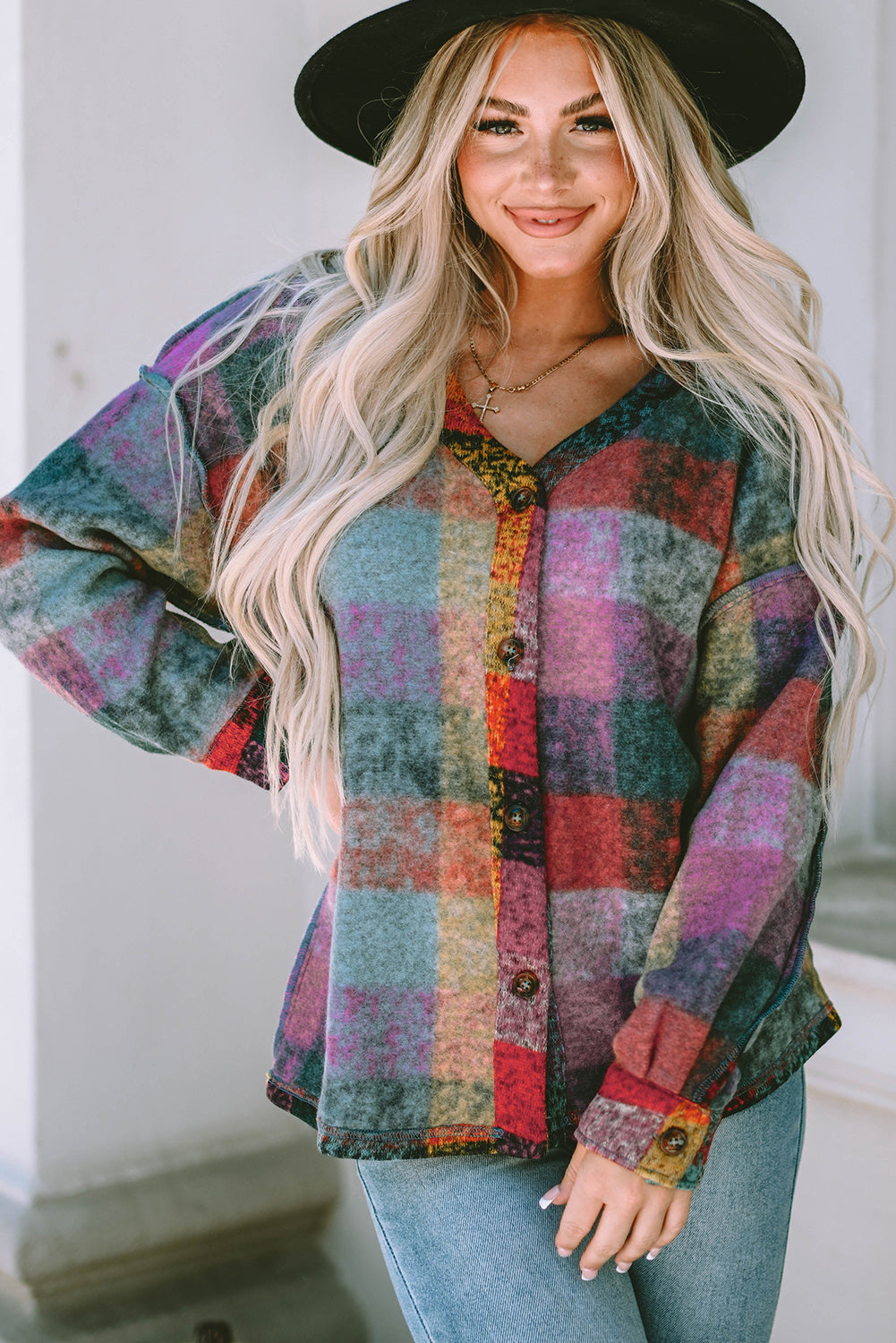 Multicolor Brushed Plaid Plus Size Shacket