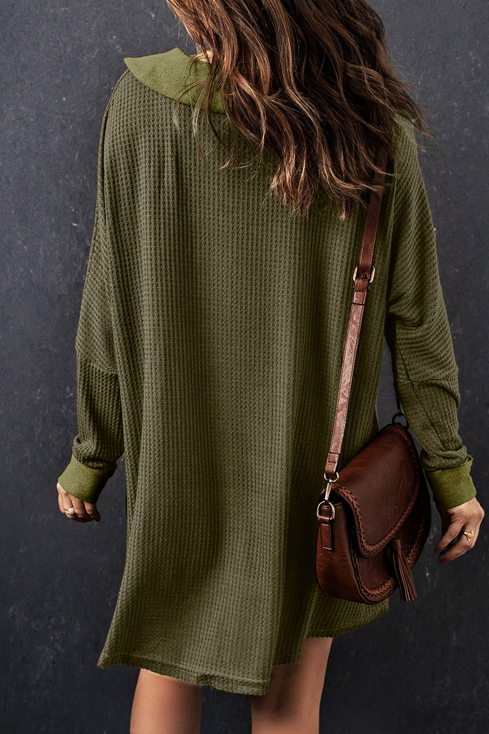 Green Waffle Knit Buttoned Long Sleeve Top