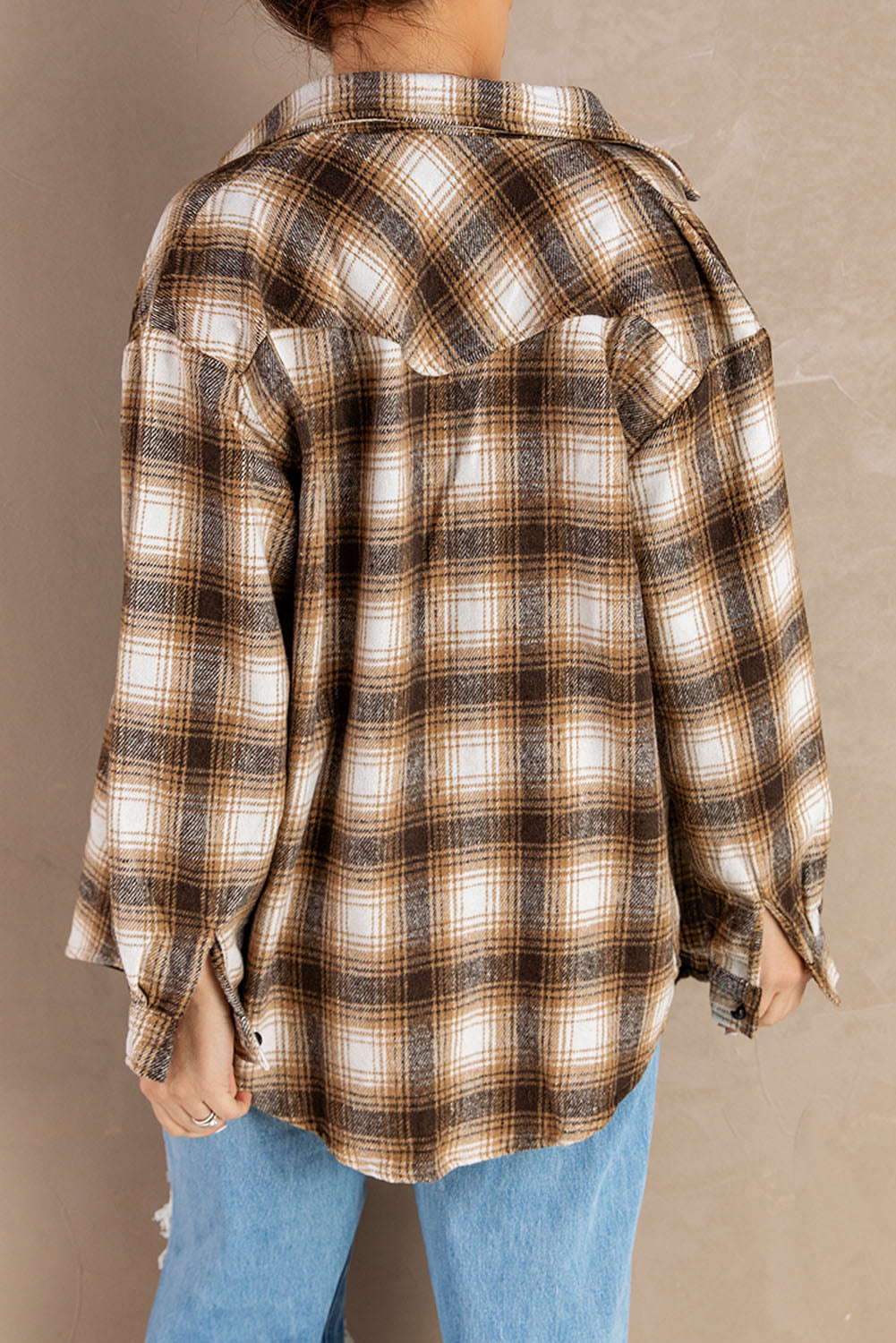 Black Buttons Pocketed Plaid Shacket