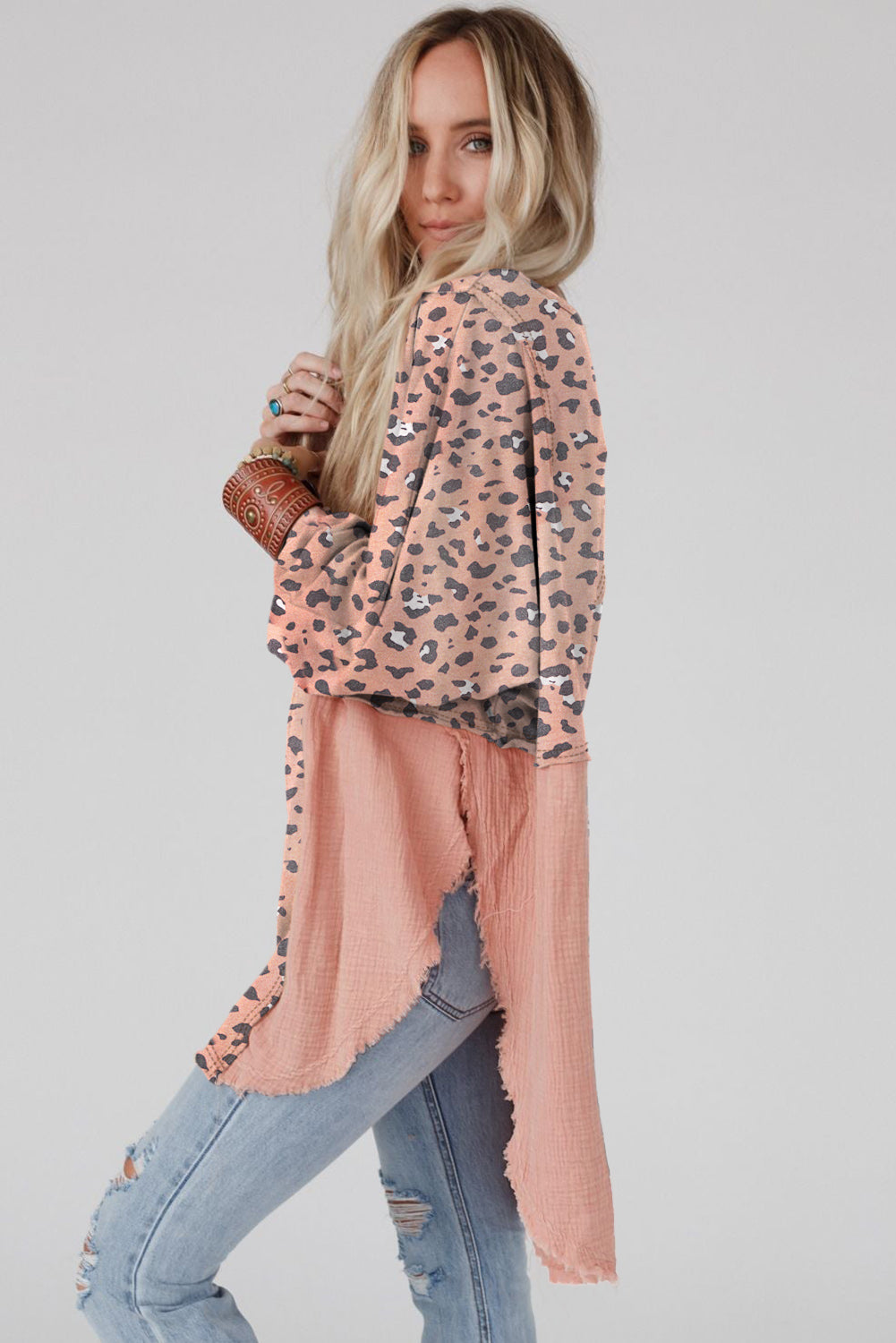 Gray Raw Edge Leopard Patchwork Oversized Blouse