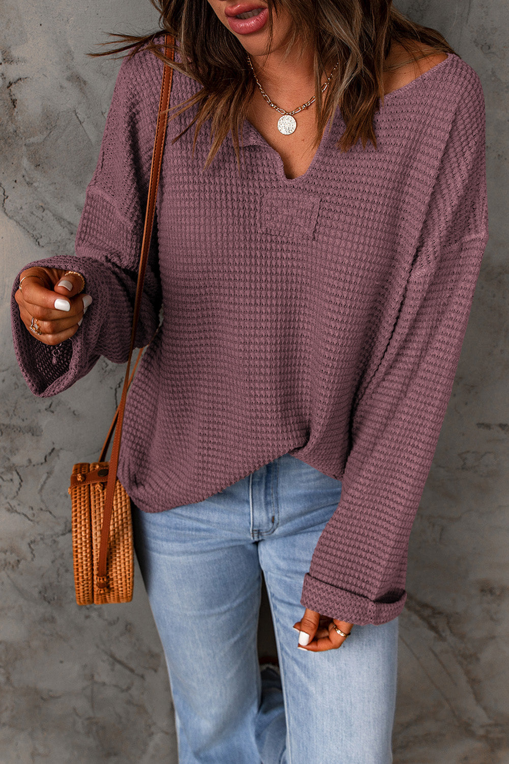 Dusk Blue Waffle Knit Loose Long Sleeve Top