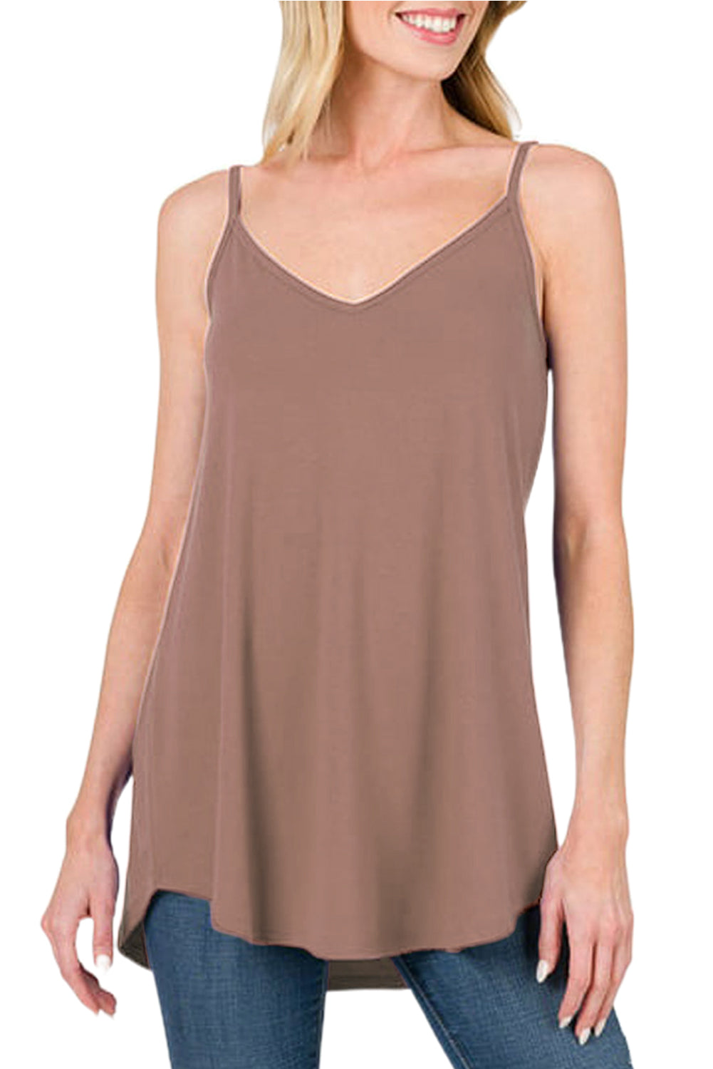 Clay Spaghetti Strap V-Neck Flowy Tunic Tank Top